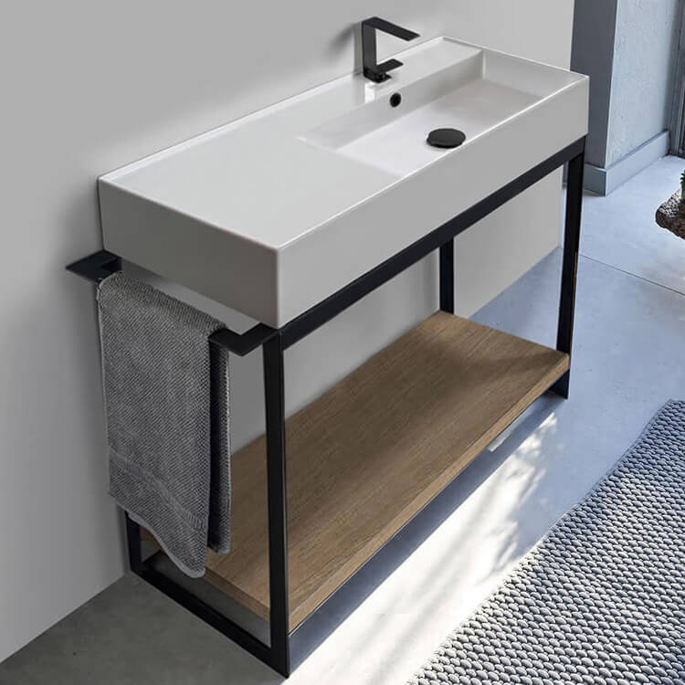 Scarabeo 5120-SOL2-89-One Hole Console Sink Vanity With Ceramic Sink and Natural Brown Oak Shelf